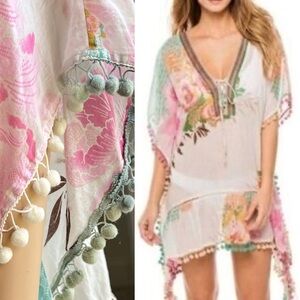 Sole Society Floral Bohemian Swimsuit Cover Up Pom Pom -Caftan One Size